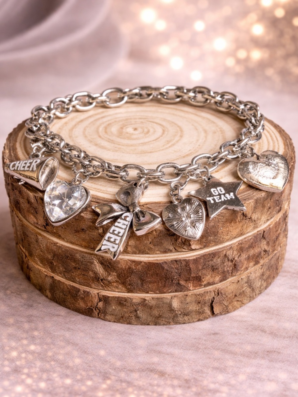 Silver Cheer Charm Bracelet with Heart and Star Accents